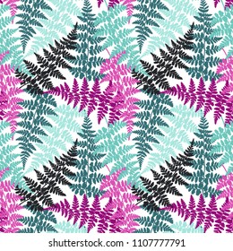 Fern frond herbs, tropical forest plant leaves seamless vector illustration. Trendy herbal pattern. Forest bush plant, tropical fern grass herb leaves fabric seamless background.