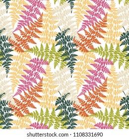 Fern frond herbs, tropical forest plant leaves seamless vector fabric print. Cute herbal pattern. Bracken foliage, forest jungle leaves, tropical fern grass herb seamless background.