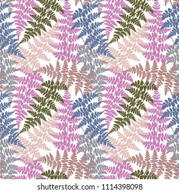 Fern frond herbs, tropical forest plant leaves seamless vector fabric design. Fashionable herbal pattern. Forest growing plant jungle leaves tropical fern grass herb seamless fabric background.