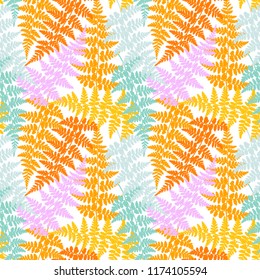 Fern frond herbs, tropical forest plant leaves seamless vector fabric design. Trendy herbal pattern. Forest bush plant, tropical fern grass herb leaves fabric seamless background.