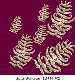 Fern frond herbs, tropical forest plant leaves vector background illustration.