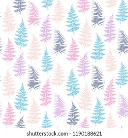 Fern frond herbs, tropical forest plant leaves seamless vector fabric design. Laconic herbal pattern. Forest bush plant, tropical fern grass herb leaves print seamless background.