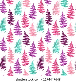 Fern frond herbs, tropical forest plant leaves seamless vector illustration. Minimalist herbal pattern. Bracken foliage, forest exotic leaves tropical fern grass herb seamless textile background.