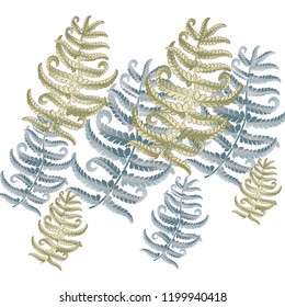Fern frond herbs, tropical forest plant leaves vector background illustration.
