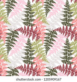 Fern frond herbs, tropical forest plant leaves seamless vector fabric print. Wild nature herbal pattern. Forest bush plant, jungle leaves tropical fern grass herb seamless background.