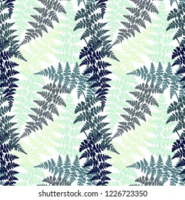 Fern frond herbs, tropical forest plant leaves seamless vector textile design. Repeating herbal pattern. Forest bush plant, tropical fern grass herb leaves seamless background.