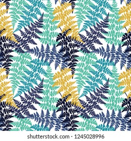 Fern frond herbs, tropical forest plant leaves seamless vector fabric print. Awesome herbal pattern. Forest bush plant, tropical fern grass herb leaves fabric seamless background.