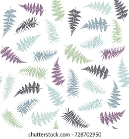 Fern frond herbs, tropical forest plant leaves seamless vector background illustration. Bracken foliage, jungle tropical leaves, fern forest grass herb seamless pattern green blue background.
