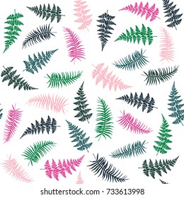 Fern frond herbs, tropical forest plant leaves seamless vector background illustration. Bracken foliage, jungle leaves, tropical fern forest grass herb green pink seamless pattern background.