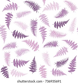 Fern frond herbs, tropical forest plant leaves seamless vector background illustration. Bracken foliage, jungle tropical leaves, fern forest grass herb seamless pattern violet on white.