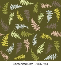 Fern frond herbs, tropical forest plant leaves seamless vector background illustration. Bracken foliage, forest jungle leaves, tropical fern grass herb seamless pattern background in green blue brown.