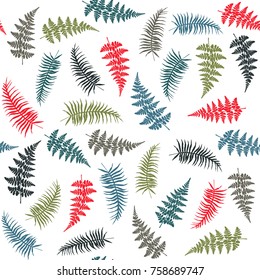 Fern frond herbs, tropical forest plant leaves seamless vector background illustration. Bracken foliage, jungle leaves, tropical fern forest grass herb seamless pattern background.