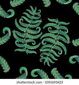 Fern frond herbs, tropical green forest plant leaves seamless vector background illustration.