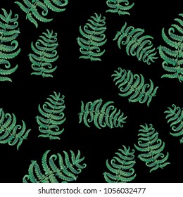 Fern frond herbs, tropical green forest plant leaves seamless vector background illustration.