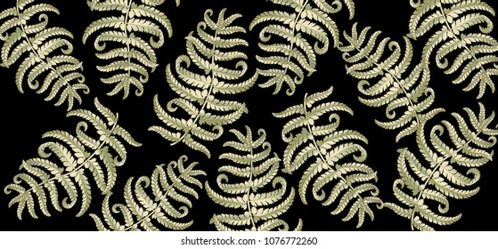 Fern frond herbs, tropical green forest plant leaves vector background illustration.