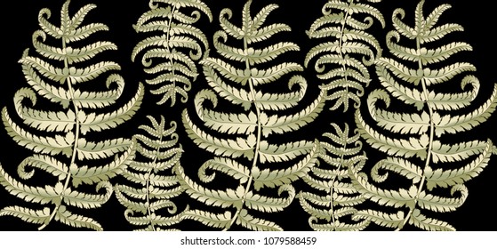 Fern frond herbs, tropical green forest plant leaves vector background illustration.