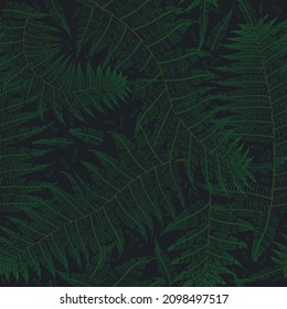 Fern frond herbs wallpaper, tropical forest plant leaves seamless texture. Bracken foliage, jungle leaves, tropical fern forest grass herb. Vector background illustration.