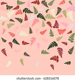 Fern frond isolated falling down vector illustration, green and red plant leaves isolated on pink background. Detailed fern frond parts confetti. Tropical forest or garden herbs, grass.