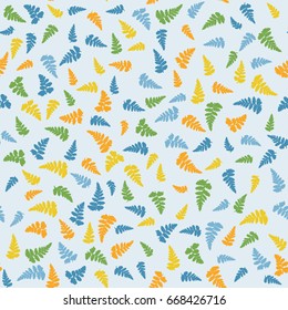 Fern frond isolated seamless vector illustration, green, blue, yellow and orange plant leaves isolated on light background. Detailed ferns drawing textile print. Tropical forest, garden herbs, grass.