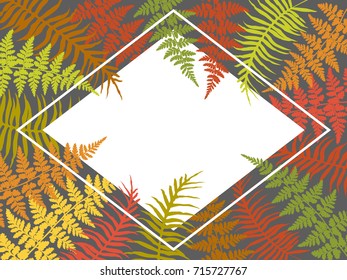Fern frond rhombus frame vector illustration. Green, yellow and red tropical bracken forest plant leaves background. Detailed bracken herbs drawing, fern frond grass border for text, rainforest leaves