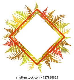 Fern frond rhombus frame vector illustration. Green, yellow and red tropical bracken forest plant leaves background. Detailed bracken herbs drawing, fern frond grass border for text, rainforest leaves