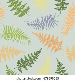 Fern frond seamless vector illustration, green and brown tropical forest plant leaves on grey background. Detailed ferns drawing, textile print. Jungle or garden herbs, bracken grass, foliage.