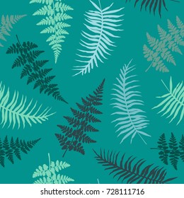 Fern frond seamless vector illustration, blue tropical forest plant leaves background. Bracken foliage. Jungle tropical leaves, fern fronds, forest  seamless pattern background