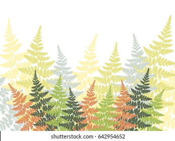 Fern frond tropical leaves vector background illustration. Green, brown and grey forest or garden plant leaves pattern on white. Detailed ferns drawing, herbs, grass print with place for text.