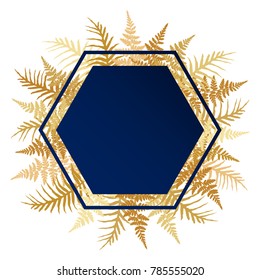 Fern frond twigs hexagon frame vector. Polypodiophyta plant bush leaves background decor. Detailed bracken, gold fern illustration, tropical forest grass herbs growing card border.