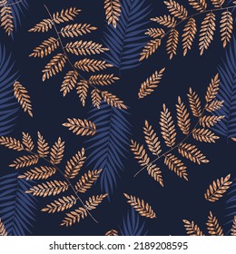 Fern gold pattern. Tropical floral seamless pattern. Colorful tropic plants background. Repeat ornamental vector backdrop. Tropic decorative endless ornament.