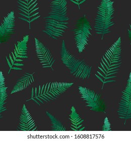 Fern green leaves seamless pattern, forest backdrop on dark grunge
