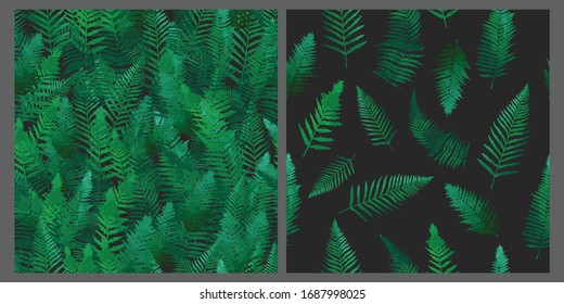 Fern green leaves seamless patterns set, jungle backgrounds