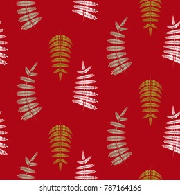 Fern green leaves seamless vector red pattern. Foliage repeat background.