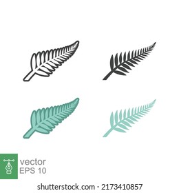 Fern icon in different style. Color, outline, solid. Leaf, logo, nz, kiwi, maori, silhouette, bird, sign, new zealand symbol concept design. Vector illustration isolated on white background. EPS 10