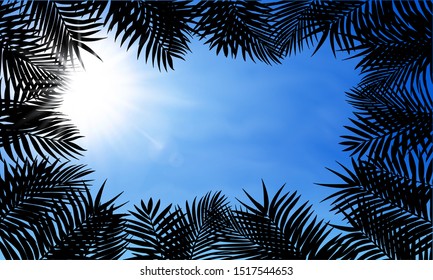 Fern leaf background with shine sun on blue sky. Green square frame on tropical leaves, fern plant – stock vector