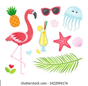 Fern leaf, pink flamingo, pineapple and cocktail, starfish and shell, jellyfish and sunglasses. Summertime attributes. Flat design collection of summer isolated elements vector