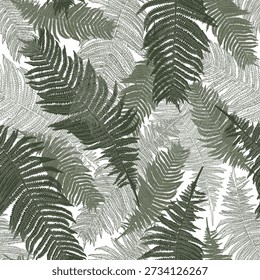 Fern leaf seamless pattern. Botanical outline vector illustration for nature design. Green foliage surface endless texture. Lush foliate fern repeat background. Monochrome jungle print for wallpaper.