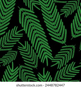 Fern leaf. Seamless vector pattern. Repeat tropical print. Endless pattern of large green leaves. Isolated black background. Idea for web design.
