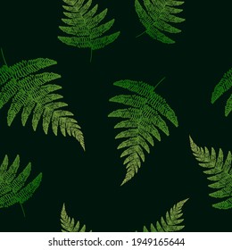 Fern leaf silhouettes natural pattern. Summer green plants vector illustration. Botanic organic herbal design.
