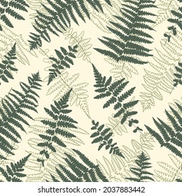 Fern leaf vector seamless pattern. Bracken silhouette and line seamless pattern. Fern leaf vector seamless background.