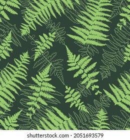 Fern leaf vector seamless pattern. Bracken silhouette and line seamless pattern. Fern leaf vector seamless background.