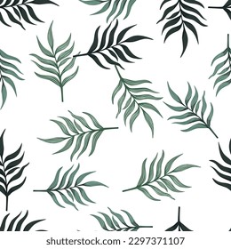Tapete auf Heckenblättern. Abstrakte exotische Pflanzen nahtlos Muster. Tropische Palmenblätter Muster. Botanische Textur. Blumenhintergrund. Design für Stoff, Stoffdruck, Umhüllung, Abdeckung. Vektorgrafik