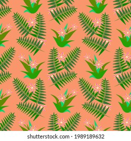 Fern leaves with aloe vera, cactus, seamless pattern. Floral image.