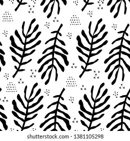 Fern leaves flat hand drawn seamless pattern. Botanical vector monochrome backdrop. Tropical palm branches textile ornament. Black foliage plants on white background. Fronds silhouettes 