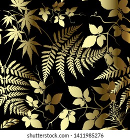 Fern leaves floral gold vector seamless pattern. Ornate leafy background. Ornamental repeat backdrop. Tropical abstract forest. Branches and leaves silhouettes. Luxury decorative beautiful design. 