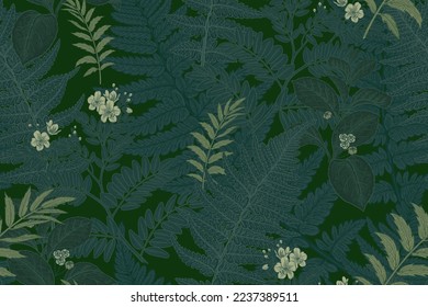 Fern leaves, flowers and berries. Floral seamless pattern. Dark background. Vector illustration. Template for textile, wallpaper, paper.