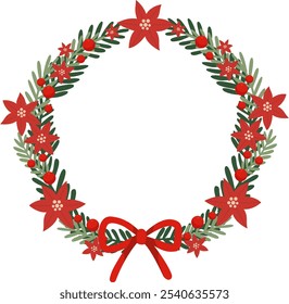 fern leaves, flowers and berry Christmas wreath frame illustration for decoration on Christmas holiday and new year festival.