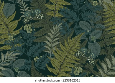 Fern leaves, flowers and night butterflies. Floral seamless pattern. Dark background. Vector illustration. Vintage engraving. Template for textile, wallpaper, paper.