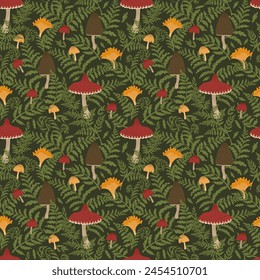 Fern leaves and forest mushrooms seamless pattern. Vector illustration with fern fonds, fly agaric, morel, chanterelle. Goblincore style. Template for textile, wallpaper, paper, print. Dark green. 