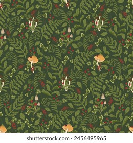 Fern leaves and forest mushrooms seamless pattern. Vector illustration with fern fonds, agaric, berries. Cottagecore aesthetics. Template for textile, wallpaper, paper, print. Dark green background. 